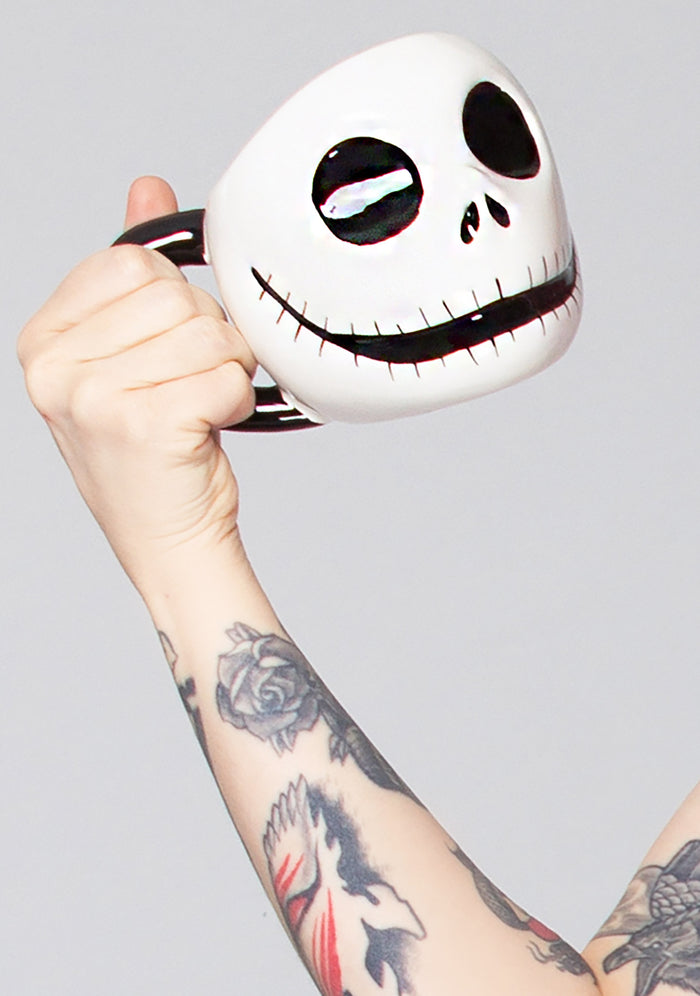 Bioworld Nightmare Before Christmas Jack Skellington Mug in black white with custom sculpted ceramic Jack Skellington shape and painted details — model view
