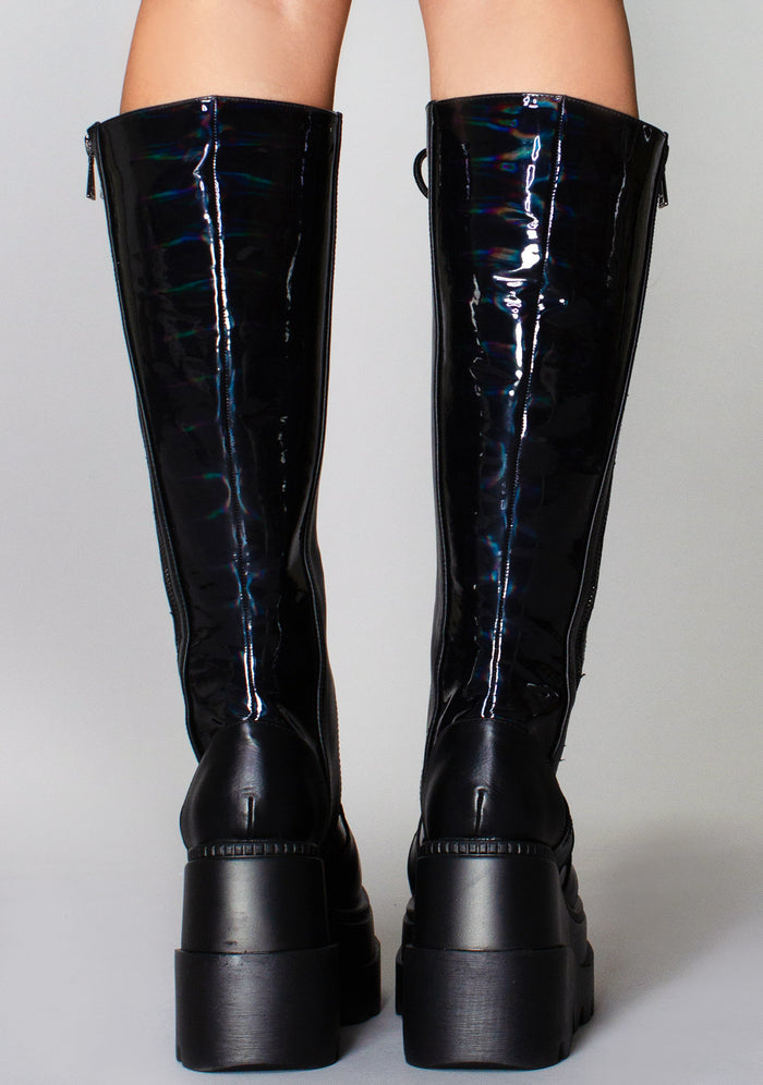 LASR Nightshade Hi Hologram Black Platform Boots — product view