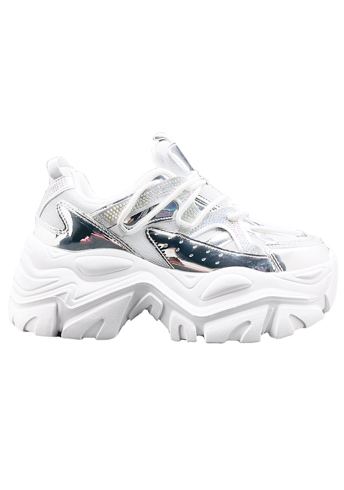 Berness NIKKI Circuit Ground Silver Platform Sneakers featuring metallic silver panels, white mesh inserts, and a chunky wavy platform sole.
