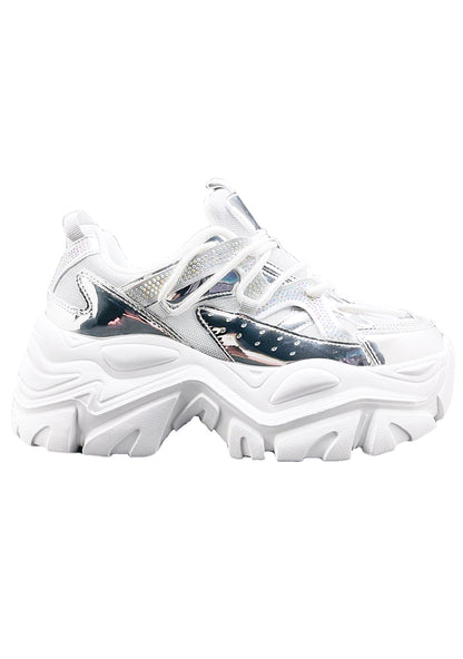 Berness NIKKI Circuit Ground Silver Platform Sneakers featuring metallic silver panels, white mesh inserts, and a chunky wavy platform sole.