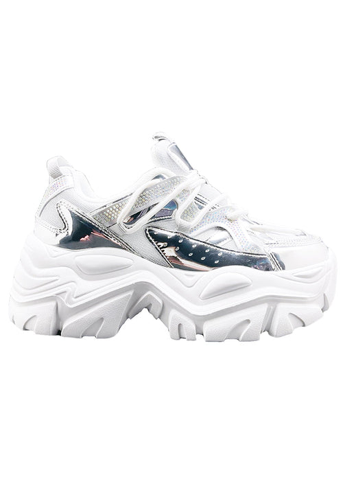 Berness NIKKI Circuit Ground Silver Platform Sneakers featuring metallic silver panels, white mesh inserts, and a chunky wavy platform sole.