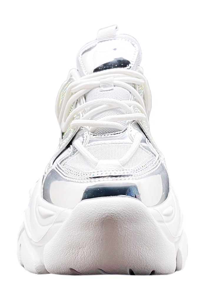 Front angle studio shot of Berness NIKKI Silver Platform Sneakers highlighting the lace-up closure and metallic toe box accents.