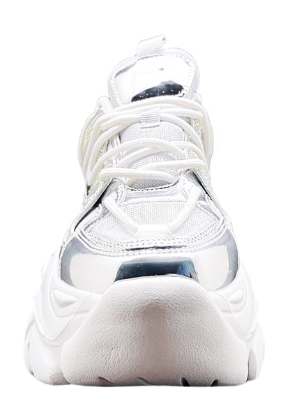 Front angle studio shot of Berness NIKKI Silver Platform Sneakers highlighting the lace-up closure and metallic toe box accents.