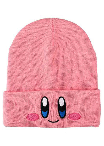 Bioworld Nintendo Kirby Big Face Embroidered Beanie in pink with Kirby embroidered face detail on cuff on kawaii fandom rave festival hat — front view
