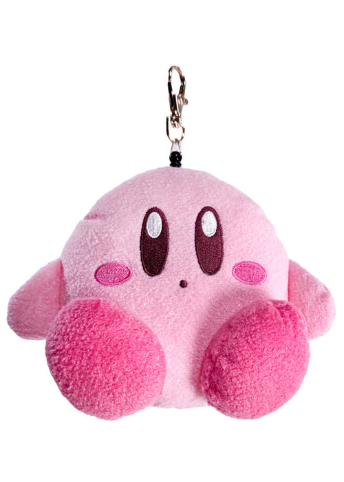 Nintendo Kirby Retractable Cord Pass Holder Plush Mascot in pink with 3D Kirby plush on retractable cord pass holder with squeaker — front view