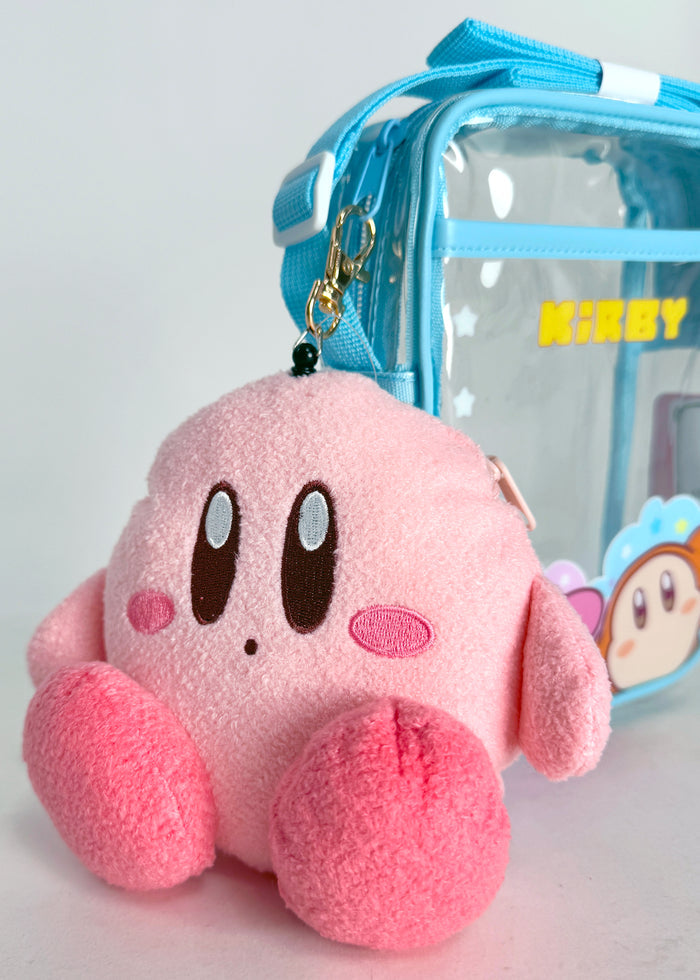 Nintendo Kirby Retractable Cord Pass Holder Plush Mascot in pink with 3D Kirby plush on retractable cord pass holder with squeaker — model view