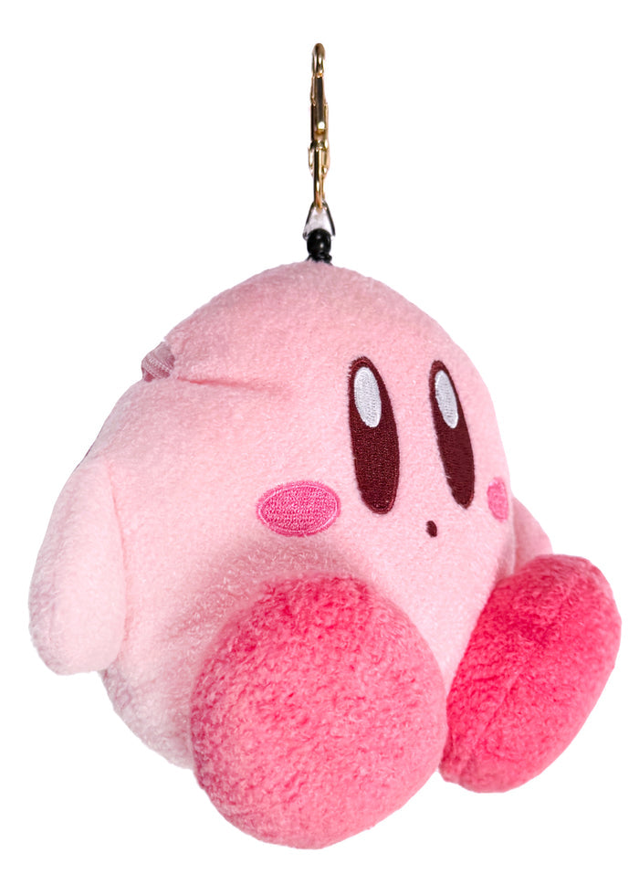Nintendo Kirby Retractable Cord Pass Holder Plush Mascot in pink with 3D Kirby plush on retractable cord pass holder with squeaker — side view