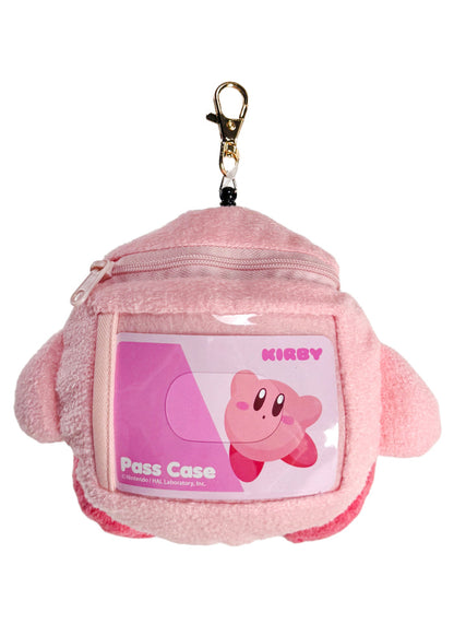 Nintendo Kirby Retractable Cord Pass Holder Plush Mascot in pink with 3D Kirby plush on retractable cord pass holder with squeaker — back window view