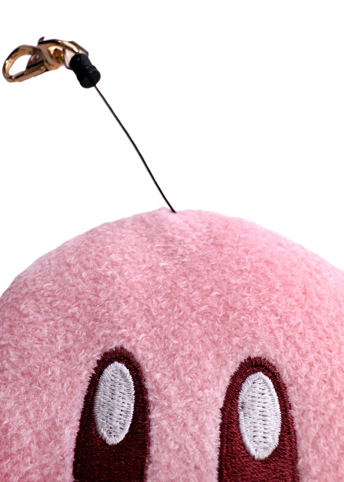 Nintendo Kirby Retractable Cord Pass Holder Plush Mascot in pink with 3D Kirby plush on retractable cord pass holder with squeaker — detail view