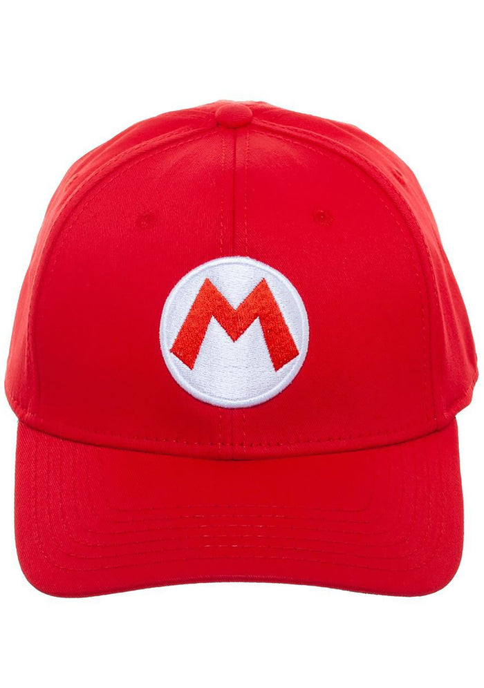 Bioworld Nintendo Super Mario Baseball Hat in red with embroidered Super Mario detail on fandom rave festival hat — front view