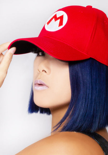 Bioworld Nintendo Super Mario Baseball Hat in red with embroidered Super Mario detail on fandom rave festival hat — model view