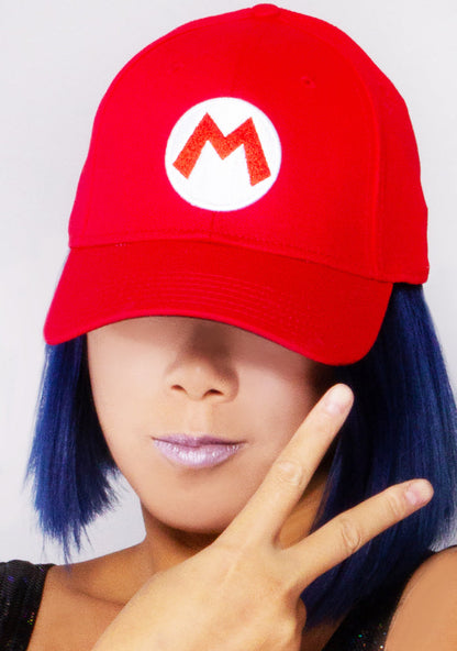 Bioworld Nintendo Super Mario Baseball Hat in red with embroidered Super Mario detail on fandom rave festival hat — model side view