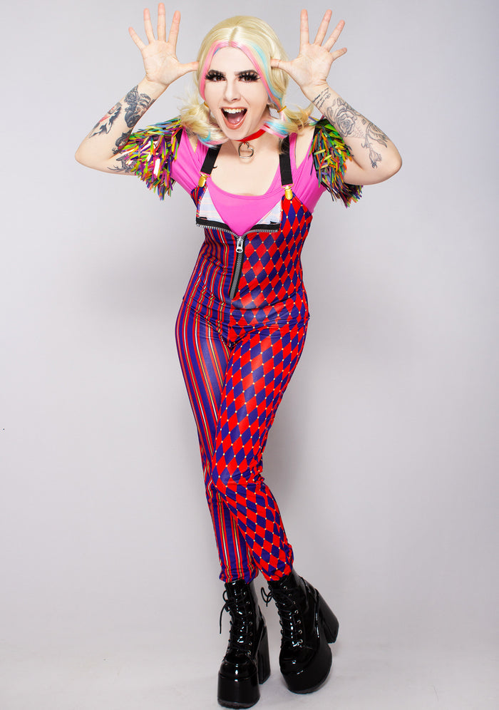Leg Avenue Nothin' But Trouble 3PC Set in multicolor with striped jumpsuit and confetti sleeve crop top on costume cosplay — model view