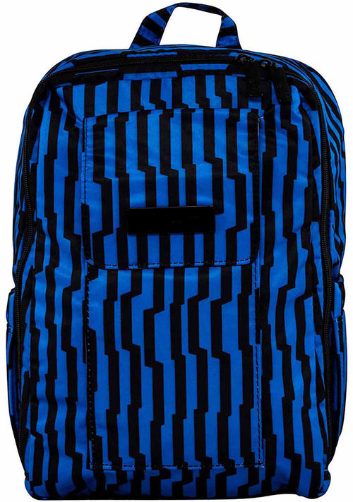 Ju-Ju-Be Onyx Electric Black Mini Be Backpack in blue black with cobalt and electric stripe on Teflon fabric festival backpack — front view