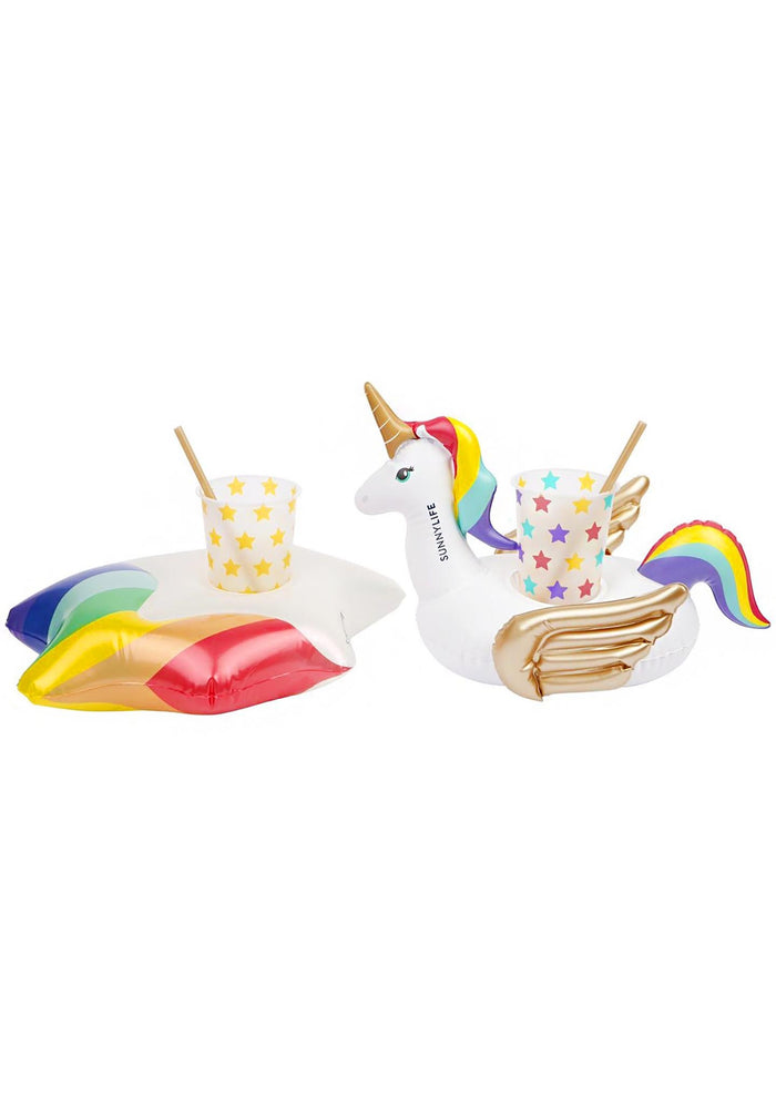 SunnyLife Party Wonderland Inflatable Drink Holders in white rainbow with unicorn and star pillow design on pool party accessory — front view