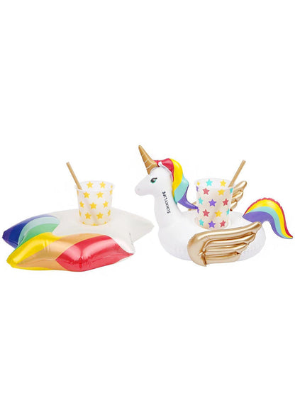 SunnyLife Party Wonderland Inflatable Drink Holders in white rainbow with unicorn and star pillow design on pool party accessory — front view