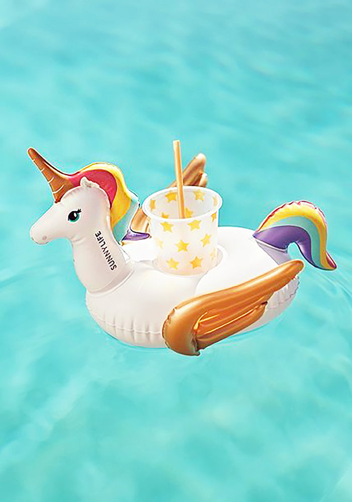 SunnyLife Party Wonderland Inflatable Drink Holders in white rainbow — detail view