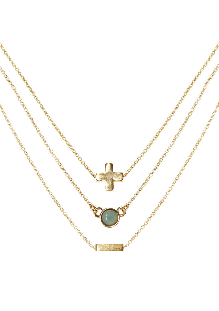Charged Peace Amazonite Delicate Chain Necklace Set in gold with raw aqua amazonite stone on three 18k gold plated chain crystal festival necklace set — front view