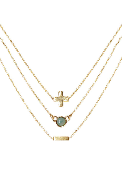 Charged Peace Amazonite Delicate Chain Necklace Set in gold with raw aqua amazonite stone on three 18k gold plated chain crystal festival necklace set — front view