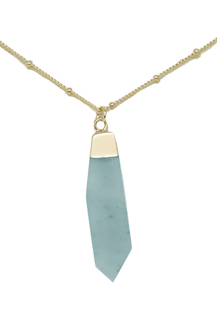 Charged Peace Amazonite Gemstone Necklace in gold with raw aqua amazonite stone pendant on 18k gold plated chain crystal festival necklace — front view
