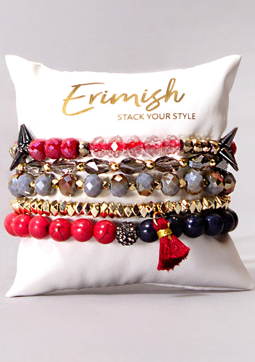 Erimish Peppermint Schnapps Bracelet Stack in red gold grey with sparkling beads on festival bracelet stack — front model view