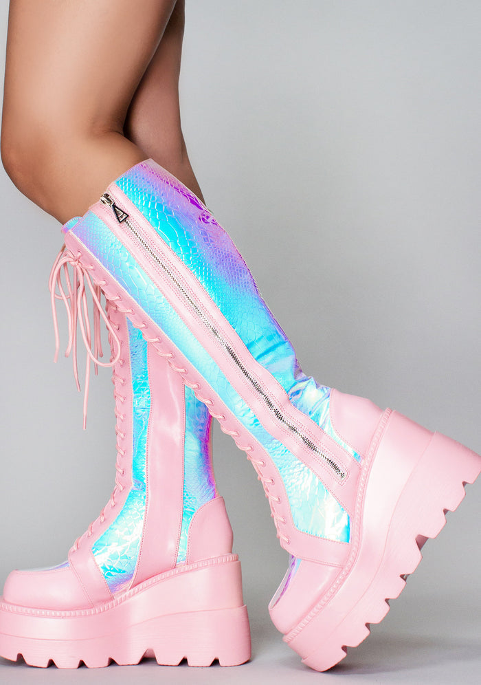 LASR Pink Poison Hi Pink Platform Boots — front view