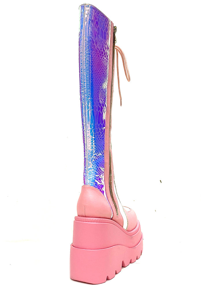 LASR Pink Poison Hi Pink Platform Boots — back view