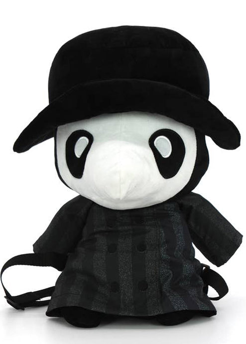 Sleepyville Critters Plague Doctor 3D Plush Backpack in white/black with plush Plague Doctor face design and top handle on rave festival backpack — front view