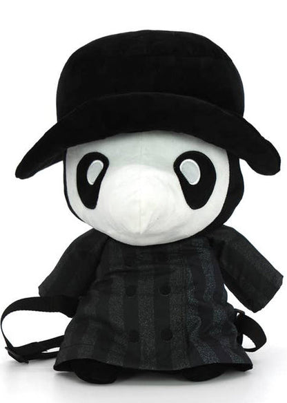 Sleepyville Critters Plague Doctor 3D Plush Backpack in white/black with plush Plague Doctor face design and top handle on rave festival backpack — front view