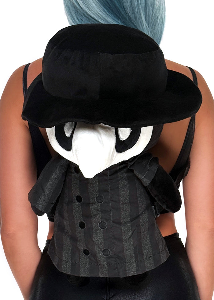 Sleepyville Critters Plague Doctor 3D Plush Backpack in white/black with plush Plague Doctor face design and top handle on rave festival backpack — front view, on model