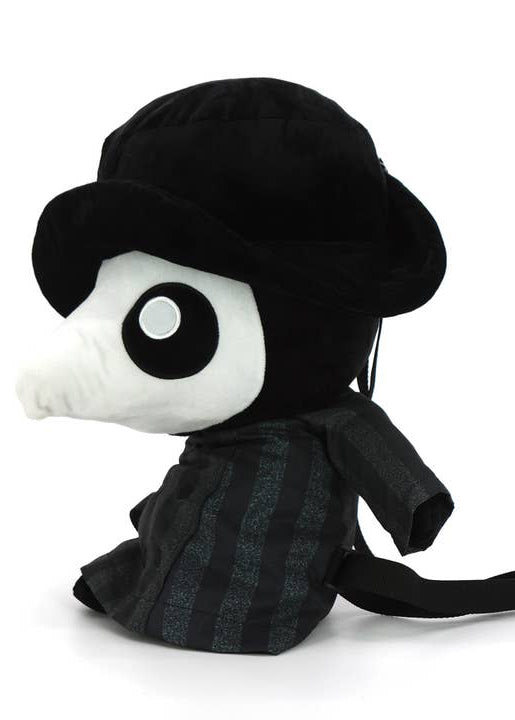 Sleepyville Critters Plague Doctor 3D Plush Backpack in white/black with plush Plague Doctor face design and top handle on rave festival backpack — side view