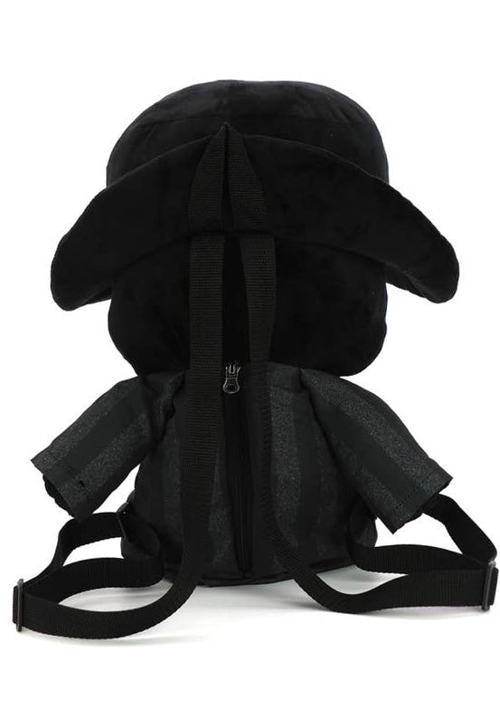 Sleepyville Critters Plague Doctor 3D Plush Backpack in white/black with plush Plague Doctor face design and zipper closure on rave festival backpack — back view