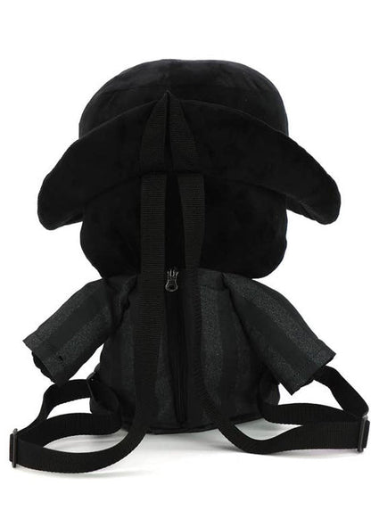 Sleepyville Critters Plague Doctor 3D Plush Backpack in white/black with plush Plague Doctor face design and zipper closure on rave festival backpack — back view