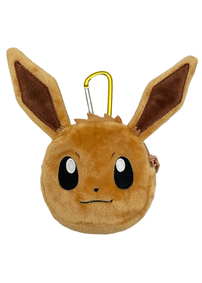Pokemon Eevee Plush Coin Pouch in brown with full front embroidered Eevee design and wristlet strap — front view