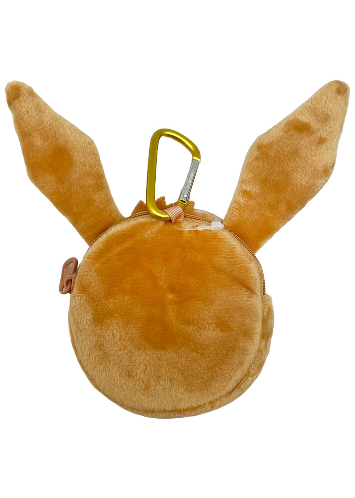 Pokemon Eevee Plush Coin Pouch in brown with full front embroidered Eevee design and wristlet strap — back view
