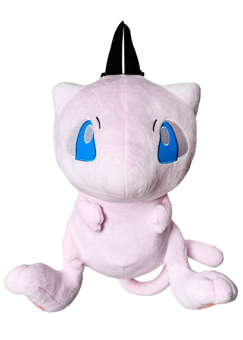 Pokemon Mew Plush Backpack in pink with 3D shaped Mew plush on soft velboa fabric — front view