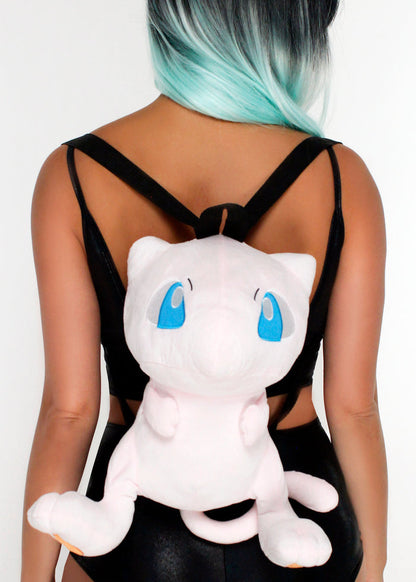 Pokemon Mew Plush Backpack in pink with 3D shaped Mew plush on soft velboa fabric — detail view