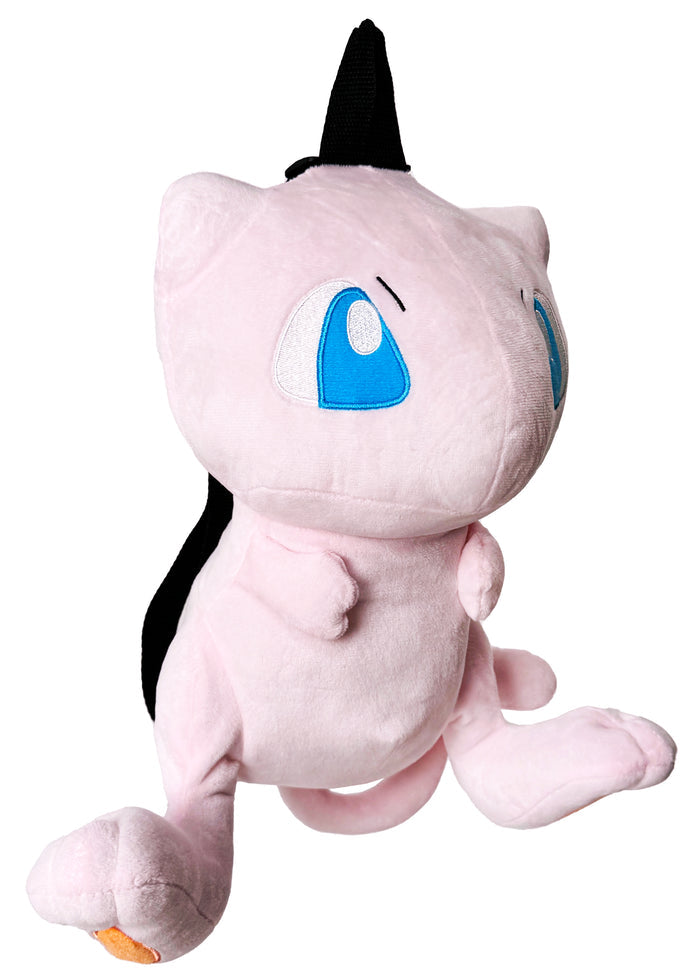 Pokemon Mew Plush Backpack in pink with 3D shaped Mew plush on soft velboa fabric — back view