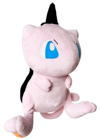 Pokemon Mew Plush Backpack in pink with 3D shaped Mew plush on soft velboa fabric — back view