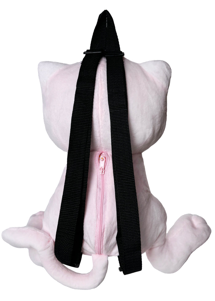 Pokemon Mew Plush Backpack in pink with 3D shaped Mew plush and adjustable straps — lifestyle view