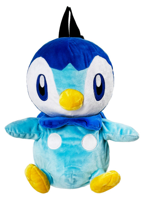 Pokemon Piplup Plush Backpack in blue with 3D shaped Piplup plush on soft velboa fabric — front view