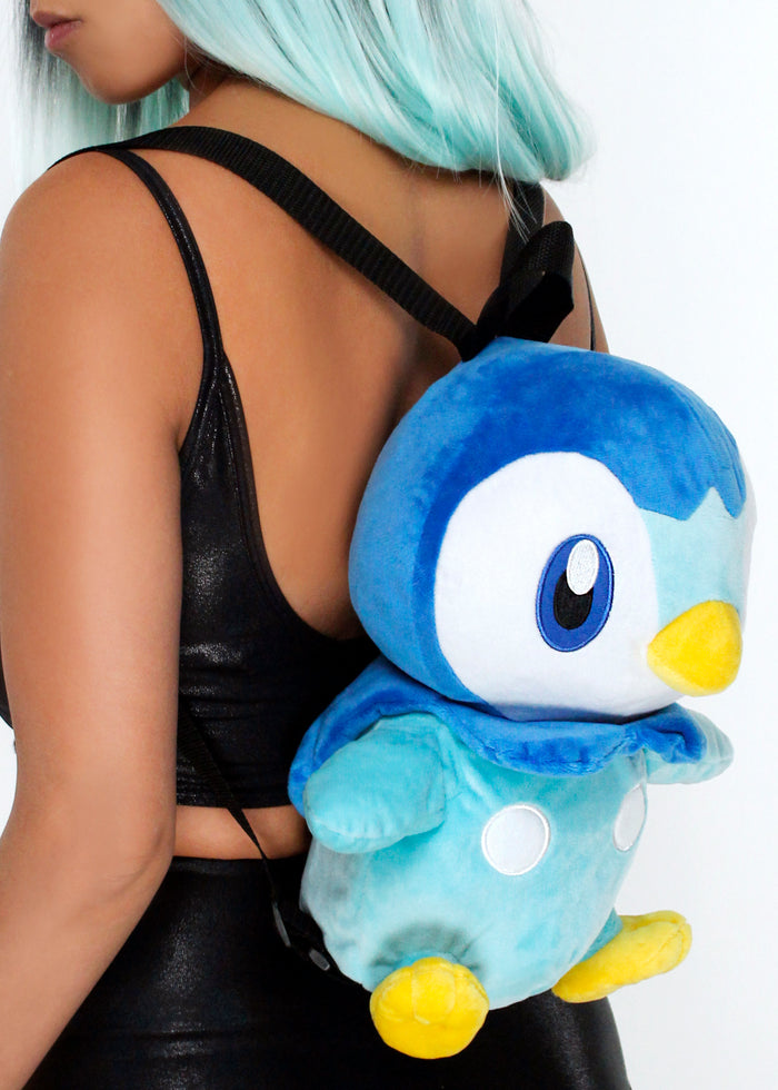 Pokemon Piplup Plush Backpack in blue with 3D shaped Piplup plush on soft velboa fabric — side view