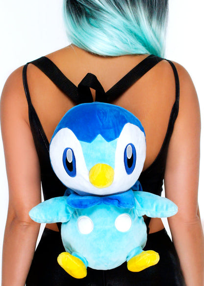 Pokemon Piplup Plush Backpack in blue with 3D shaped Piplup plush on soft velboa fabric — detail view