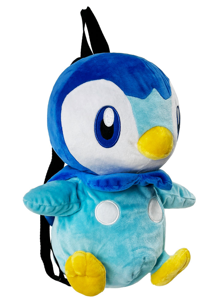 Pokemon Piplup Plush Backpack in blue with 3D shaped Piplup plush on soft velboa fabric — back view