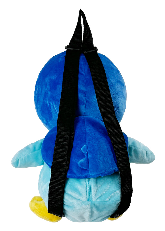 Pokemon Piplup Plush Backpack in blue with 3D shaped Piplup plush and adjustable straps — lifestyle view