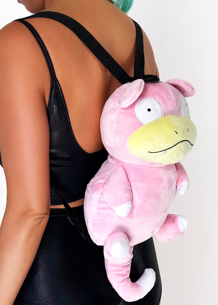 Pokemon Slowpoke Plush Backpack in pink with 3D shaped Slowpoke plush on soft velboa fabric — side view