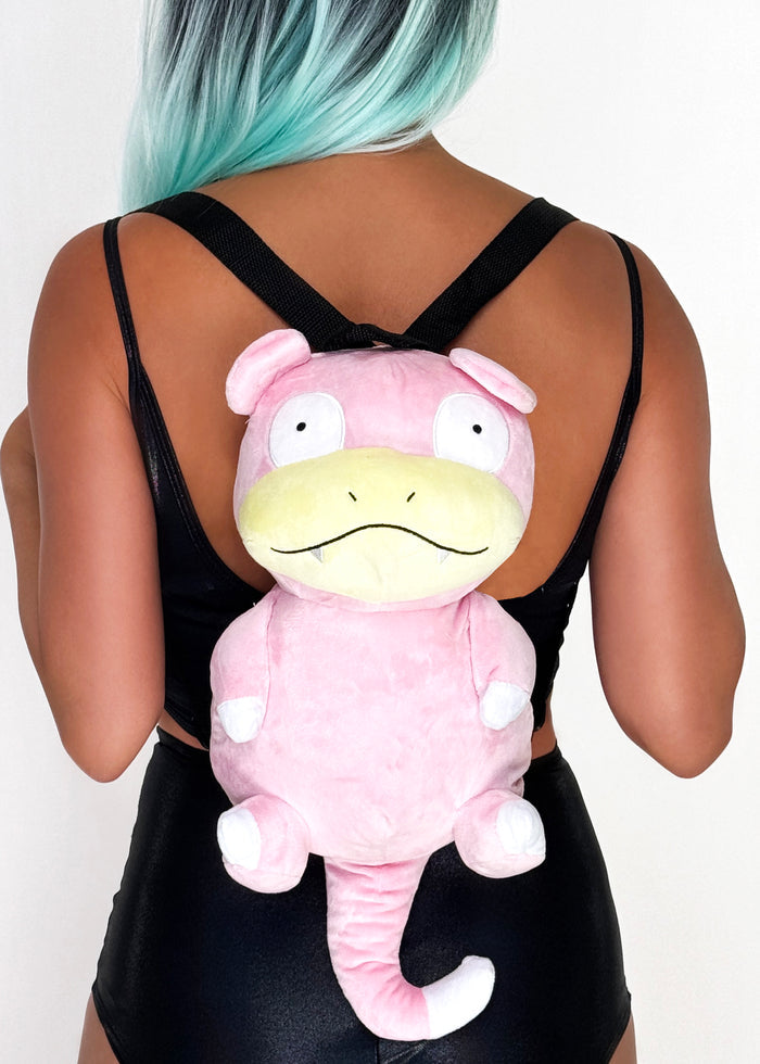 Pokemon Slowpoke Plush Backpack in pink with 3D shaped Slowpoke plush on soft velboa fabric — detail view