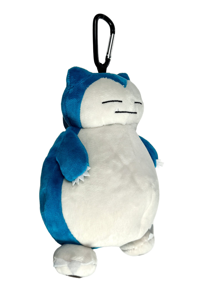 Pokemon Snorlax 3D Plush Mini Pouch in blue-green with full 3D Snorlax body design and carabiner clip — side view