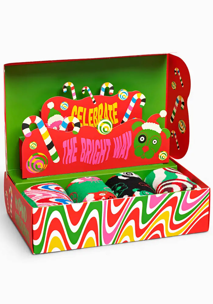 Happy Socks Psychedelic Candy Cane Socks Gift Box Set in red multicolor with trippy holiday print on festival rave socks — packaging view