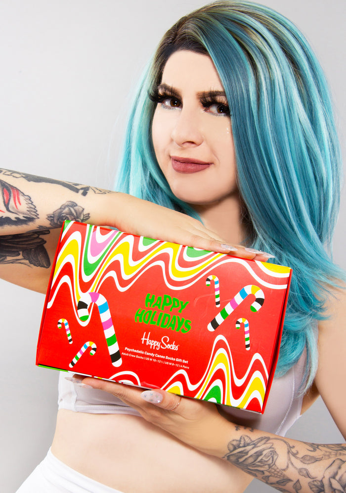 Happy Socks Psychedelic Candy Cane Socks Gift Box Set in red multicolor — model view